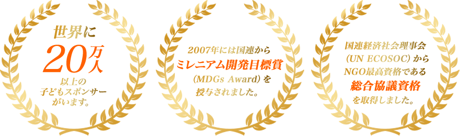 世界に20万人以上の子どもスポンサーがいます。 2007年には国連からミレニアム開発目標賞(MDGs Award)を授与されました。 国連経済社会理事会(UN ECOSOC)からNGO最高資格である総合競技資格を取得しました。